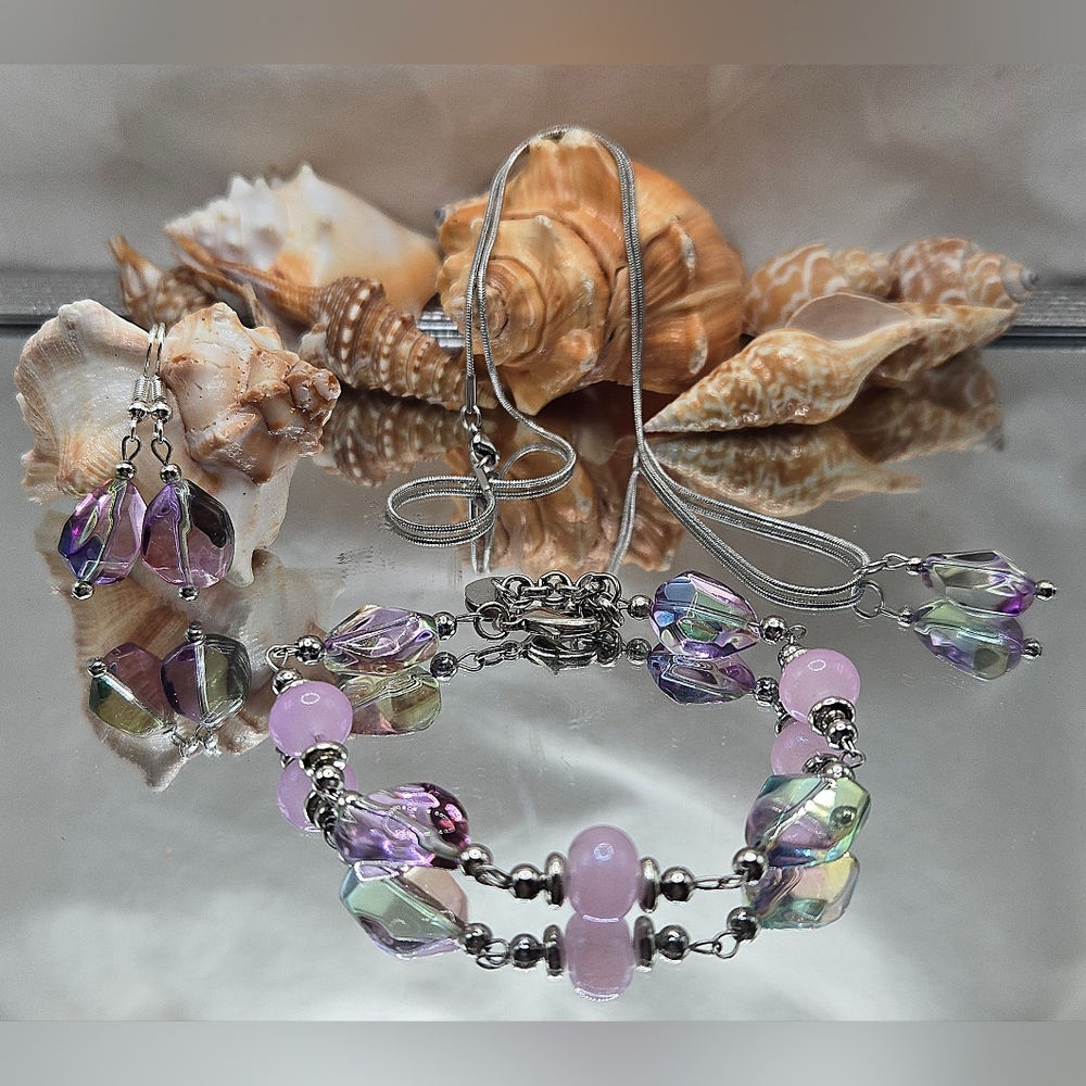 Elegant Handmade Stainless Steel Iridescent Lampwork Beaded Jewelry Set